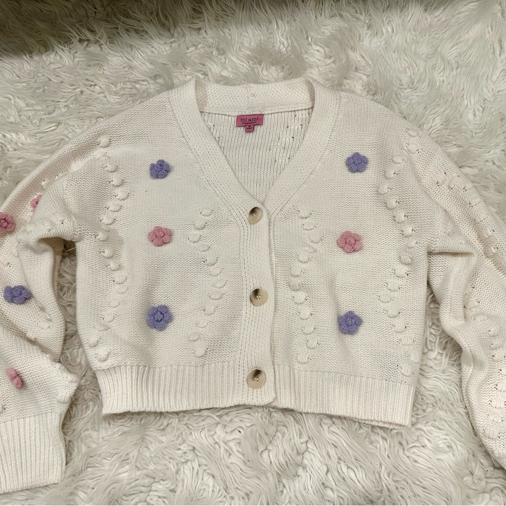 Francesca's Collections Cream Knit Sweater floral embroidered